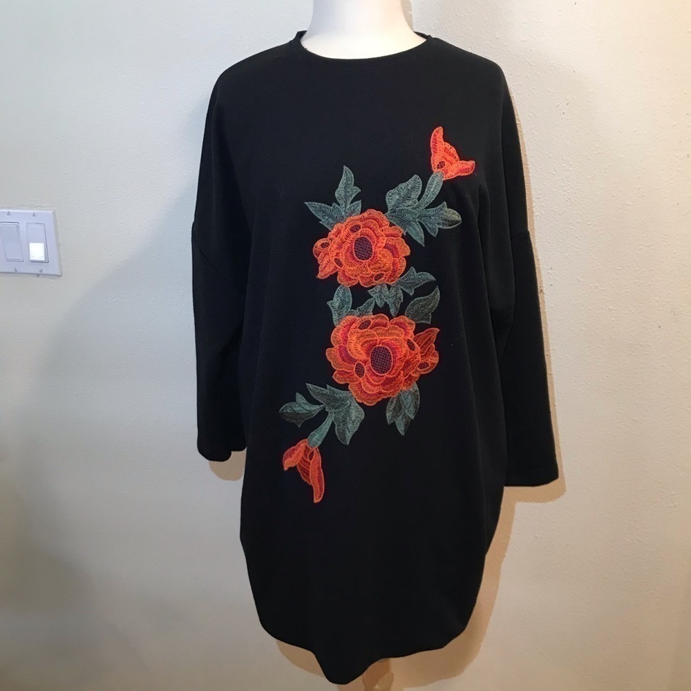 Zara black red rose embroidered tunic dress top S